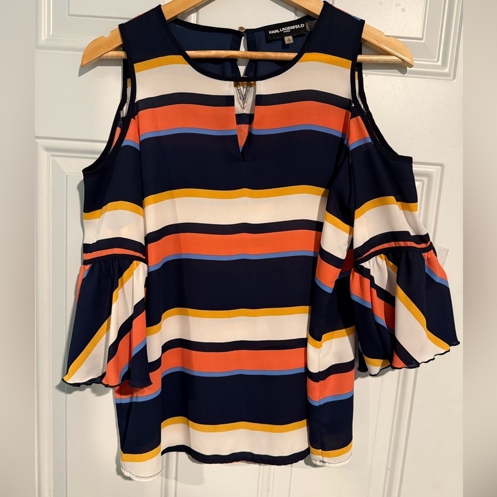 Karl Lagerfeld Blue and Orange Flutter Sleeve Blouse